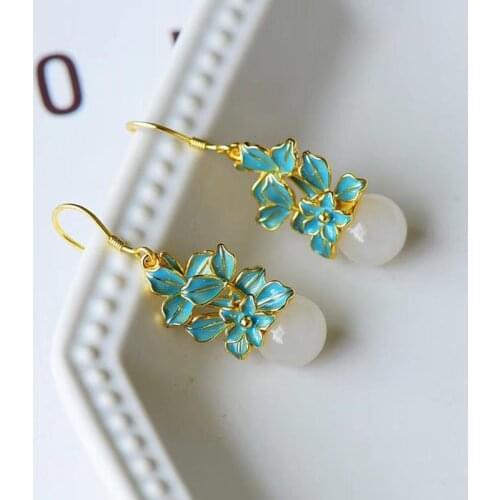 New natural Hetian white jade plant flower earrings Chinese style retro enamel porcelain drop glue craft womens festival gift