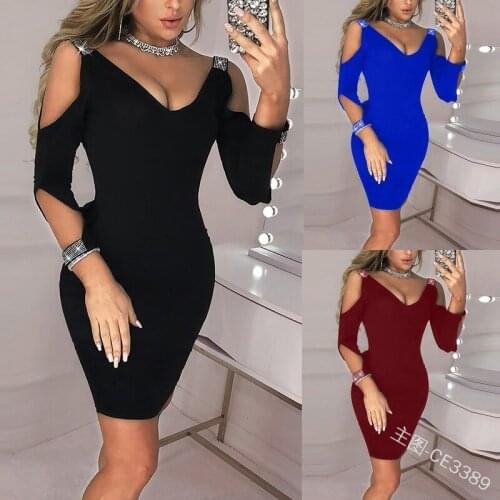 Sexy Leakage Shoulder Deep V-Neck Long Sleeve Dress Summer Diamond-Studded Slim Elegant Bag Hip Midi Nightclub Party Dress 5XL