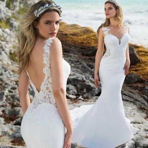 Beach Mermaid Wedding Dresses 2021 Sheer O-Neck Sleeveless Satin Lace Appliques Long Sweep Train Bridal Gown Sexy Open Back