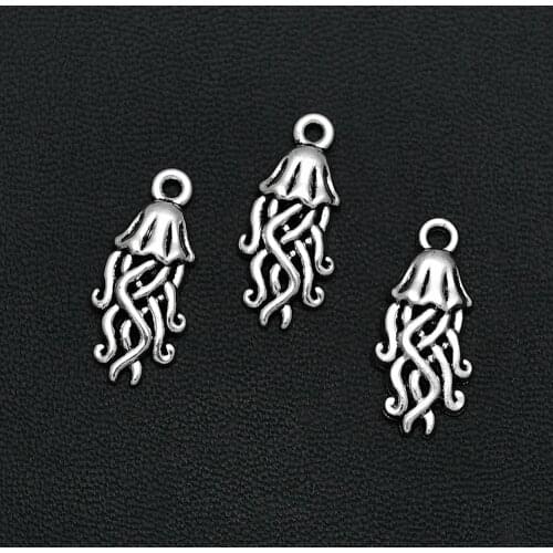 20PCS/Lots 10x22mm Antique Silver Plated Jelly Fish Charm Alloy Metal Marine Life Pendants For Diy Jewelry Making Accessories