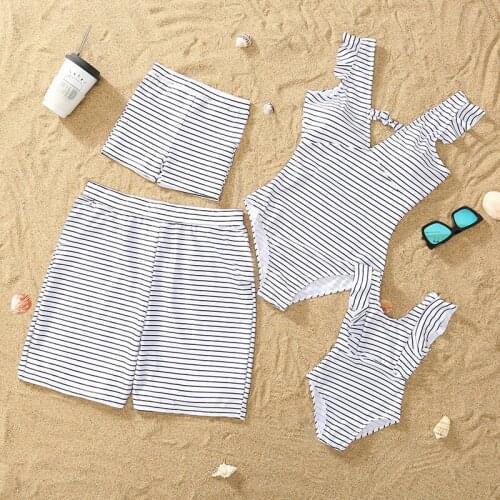 Striped Mother Daughter Swimwear One-Piece Mommy and Me Swimsuit Family Look Matching Outfits Father Son Sandy Beach Shorts