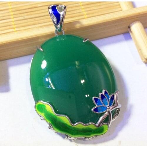 S925 Sterling Silver Inlaid Natural Chalcedony Cloisonne Lotus Flower Pendant