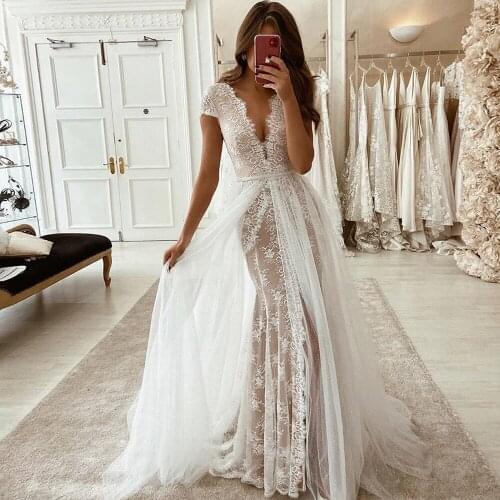 Sexy Deep V-Neck Illusion Wedding Dress Boho High Split Bridal Dresses 2020 Lace Robe de soirée de mariage Plus Size
