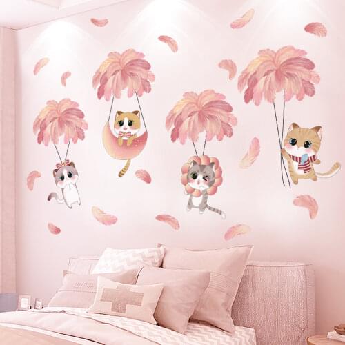 [shijuekongjian] Cats Animals Wall Stickers DIY Cartoon Feathers Wall Decals for Kids Room Baby Bedroom Nursery House Decoration