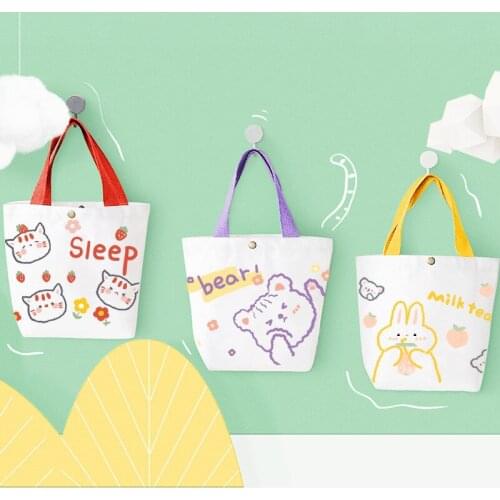 Student Handheld Shopping Bag Cartoon Small Cat And Bear Design Women Canvas Shoulder Sack Leisure And Convenient Shopping Pouch