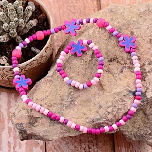 TopHanqi Lovely Girls Jewelry Sets Wood Beads Flower Shape Necklace Bracelet Set For Kids Childrens Birthday Party Jewelry Gift