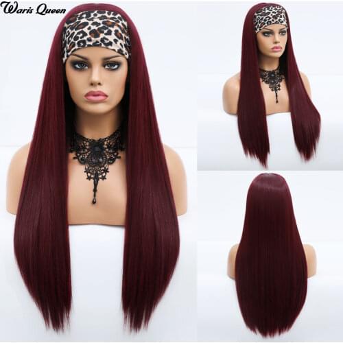 Womens Wine Red Long Headband Straight Synthetic Wig For Black Women Nautural Headwraps Fake Hair Heat Resistant Wigs
