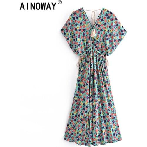 Green Floral print Women V-neck tassel beach Bohemian maxi dress Ladies loose rayon cotton Summer Boho sundress