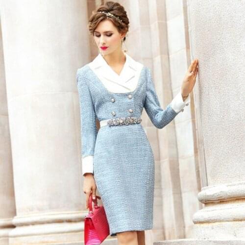 Office New Fashion lady plaid slim tweed dresses 2021 Autumn Spring casual dress womens slim patchwork luxury long sleeve skirt