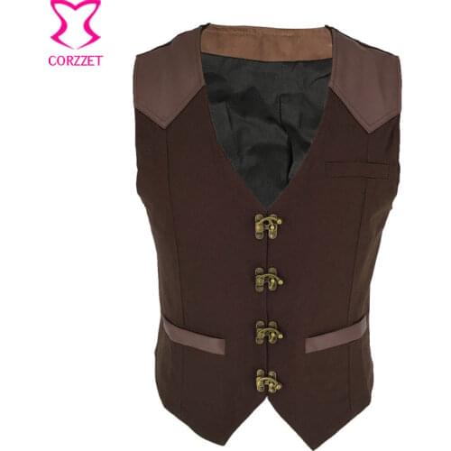 Brown V-Neck Sleeveless Suit Vest Men Sexy Casual Waistcoat Steampunk Vintage Mens Jackets And Coats Medieval Gothic Clothing XL