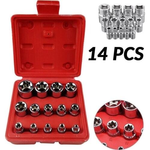 14Pcs 1/4'' 3/8'' 1/2'' Driver E Torx Star Bit Chrome Socket Kit Tool Set + Box Car Toolbox