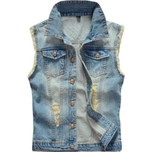 Men Cowboy Vest Plus Size 5XL Denim Vest Ripped Denim Vest Do The Old Denim Sleeveless Jacket