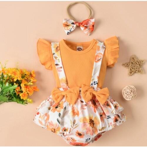 Newborn Kids Baby Girls 3PCS Sets Floral Printed Clothes Knitted T shirt Tops Suspenders Shorts Headband Outfit Set Summer