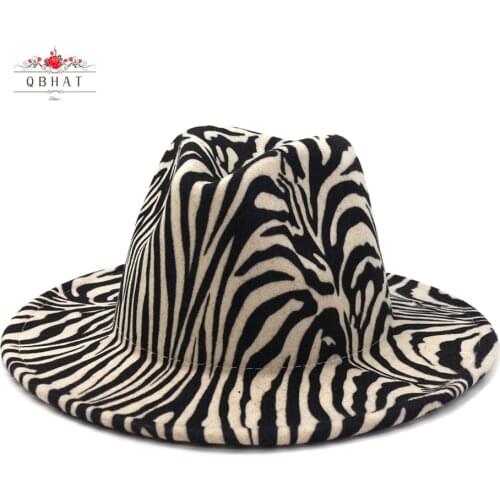 QBHAT Zebra Pattern Artificial Wool Felt Fedora Hats Fashion Women Men Large Brim Jazz Party Cap Panama Style Cowboy Hat
