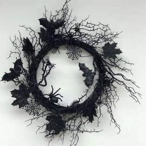 Halloween Artificial Black Wreath 3D Faux Spider Bat Leaf Ornament Rustic Front Door Twig Garland Window Wall Hanging Decoration