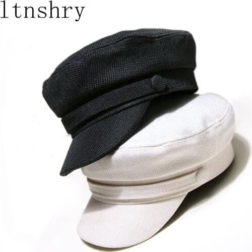 Womens Hat Flat Cap Military Cap Spring Autumn Linen Octagonal Cap Solid Color Flat Top Military Hats Young Student Hat Female