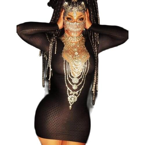 Tights Above Knee Mini Shining Diamonds Tassel Dress Stage Wear Lady Party Evening Costume Personality Performance Costume