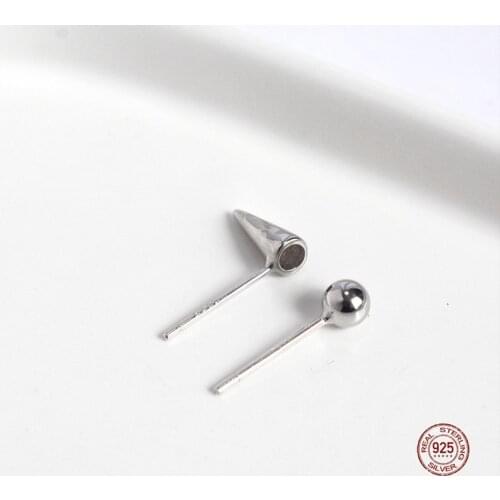 LKO 925 Sterling Silver Asymmetry Design Geometric Stud Earrings For Women Girls Silver Round Cone Fashion Simplicity Jewelry