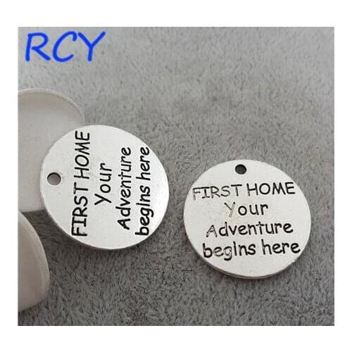 M2504 Top Quality 5 Pieces/lot 25mm Letter Printed first home your adventure beglns here charm round disc message charm