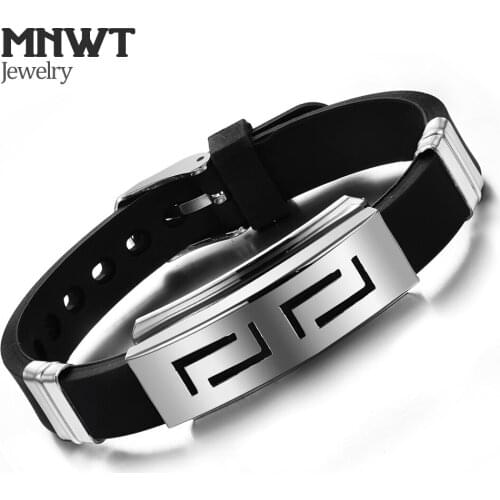 MNWT 2021 Men Black Wristband PU Leather Fashion Punk Silicone Stainless Steel Man Bracelet Accessories Jewelry Bangle