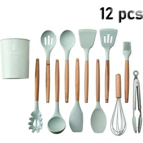 12PC Kit Silicone Kitchen Cooking Utensils Set Non-stick Cookware wooden handle Easy to clean with Egg Beaters Shovel Soup Spoon