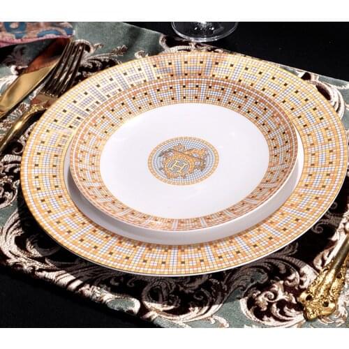 European Bone China Dinner Plates Geometric Pattern Ceramic Dish Dessert Salad Plate Yellow Grid Dinnerware Set Free Shipping