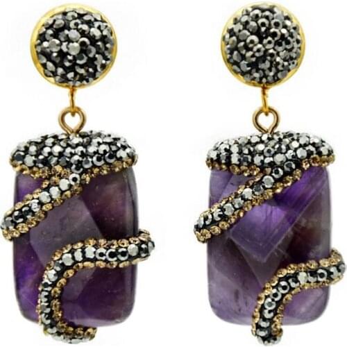 Light Yellow Gold Color Irregular Shape Natural Purple Amethysts Stone Stud Earrings for Women with Rhinestone Jewelry