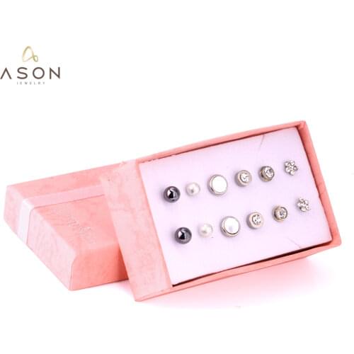 ASONSTEEL Earring Fashion Jewelry Punk Style 6Pairs/box Mixed Shape CZ Stud Earrings Stainless Steel Silver Color Jewelry Gift