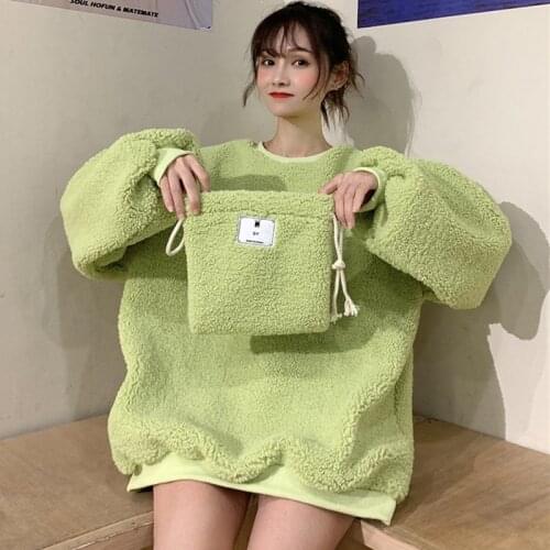 Fashion Plush Warm Sweatshirts Women Cute Candy Color Long Sleeve Solid Color Pullover Loose Sweet Kawaii Hoodies Female Tops