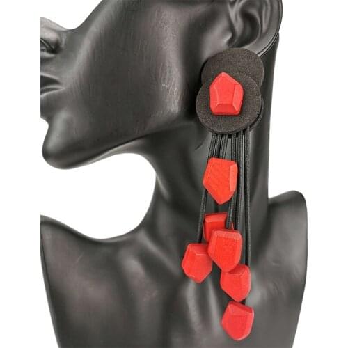 UKEBAY New Red Wooden Jewelry Long Earrings Women Fashion Boho Earring Rubber Rope Hand Made Drop Earrings Gift Festival Jewelry
