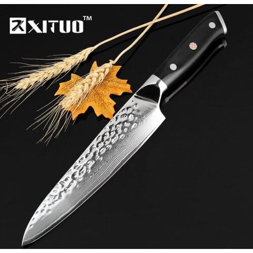 XITUO Damascus Steel Chef Knife 67 Layers Japanese VG-10 Damascus Steel Kitchen Knife 8" Inch Handmade Santoku Cleaver Tool Gif