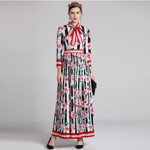 Women Vintage Pleated 2021 Spring Summer Long Sleeve Bow Collar Rose Print Elegant Maxi Party Holiday Dress