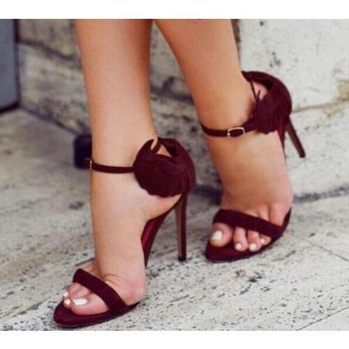 Free Shipping 2019 Summer New Woman Burgundy Stiletto Heels Open Toe Wings Decorated Dress High Heel Sandals Dress Shoes