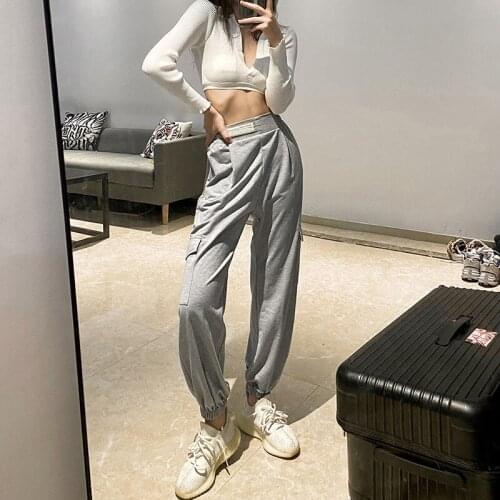 Womens Wild Casual Trousers Autumn Fashion Solid Color Pocket Stitching Beam Feet Sweatpants