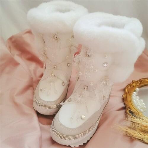 Womens boots custom handmade luxury tassel rhinestone wool blended mid-tube snow boots fashion non-slip riding boots