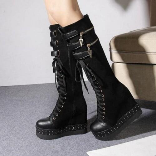 Womens Punk Hidden Wedge Heels Knee High Thigh Boots Suede Lace Up Platform Shoes Black Zipper New 2022
