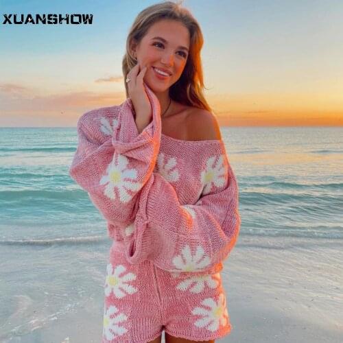 XUANSHOW Autumn Wool Women Two Piece Set 2021 Fashion Beach Steetswear Casual Sexy Loose Flowers Knitted Sweater Shorts Sets