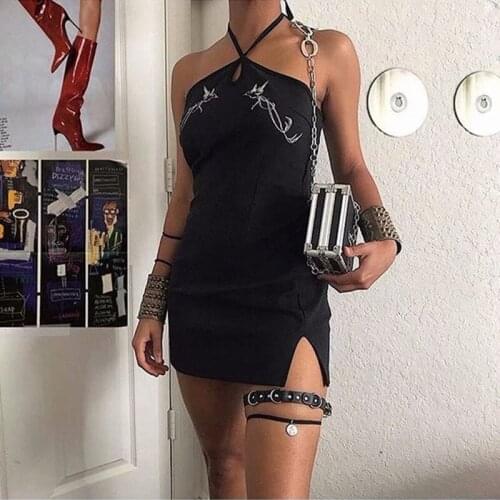 Runway robe femme ete 2019 streetwear harajuku sexy korean dress birds embroidery halter lacing black dress