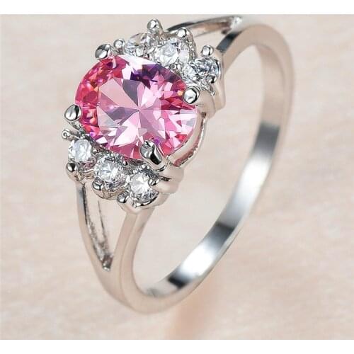 Elegant Pink Oval Stone Ring Luxury Crystal White Small Zircon Rings For Women Wedding Jewelry Vintage Hollow Birthstone Ring