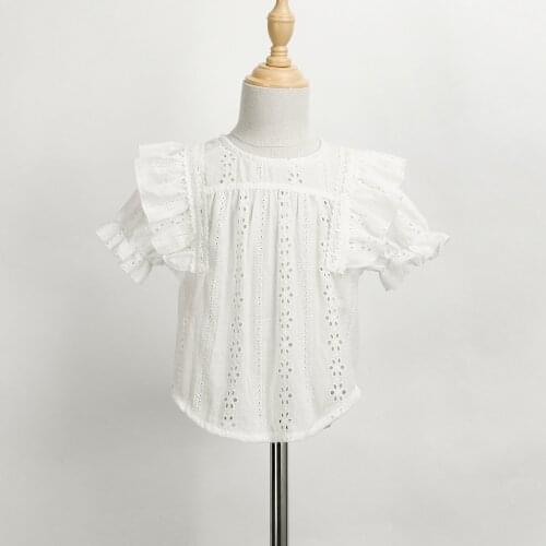 2021 New Arrival Girls Hollow Out Shirt Cotton Short Sleeve Summer Girls Top 2-10year Casual Childrens Sportswear