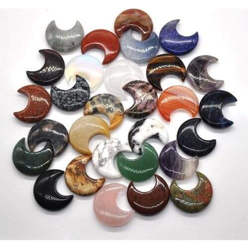 30MM Natural Lapis Lazuli Fluorite Amethyst Rose Quartz Crystals Moon Shaped Healing Gemstone Polished Stones Pendant Mineral