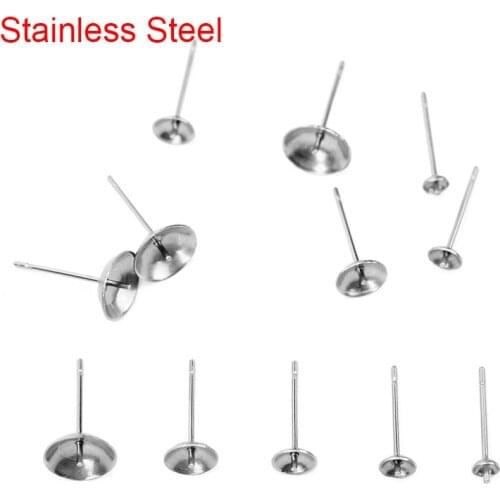 30pcs Hypoallergenic Stainless Steel Diy Stud Earring Base Settings Findings Fit 3 4 5 6 8mm Pearl Beads Jewelry Making Supplies