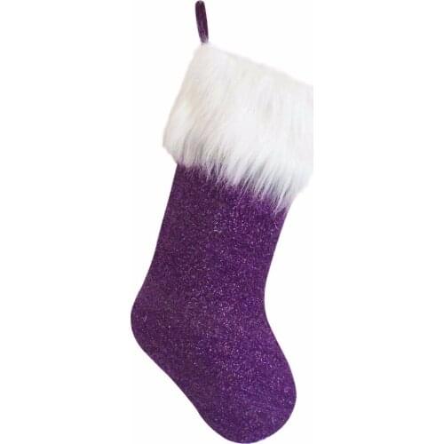Free Shipping Boucle Shiny Glitter Luxury Christmas Stocking with Faux Fur Cuff Purple Color P4653