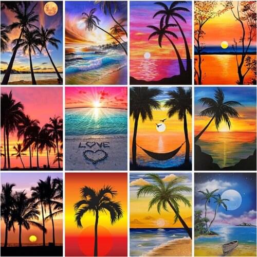 DIY Beach Sunset 5D Diamond Painting Full Round Drill Scenic Diamond Embroidery Cross Stitch Mosaic Kits Wall Art Home Decor