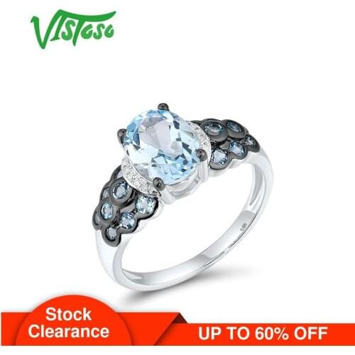VISTOSO Pure 14K 585 White Gold Ring For Women Sparkling Diamond Limpid Sky Blue Topaz Wedding Anniversary Gift Fine Jewelry