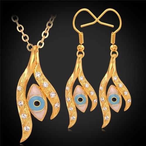 Evil Eyes Pendant Necklace Earrings Set Yellow Gold Color Rhinestone Lucky Jewelry Fashion Jewelry Set For Women PE641