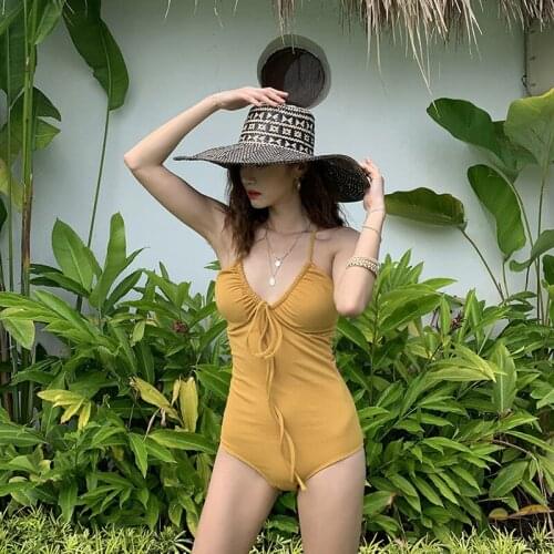 Korean Sexy Women One Pieces Swimwear Runched Deep V Front Lace Up Yellow Swimsuit High Quality Nylon Bodysuit Thong Swimsuit