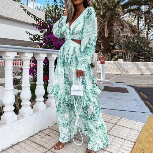 YiYiMiYu Summer Women Hollow Out Print Dress High Waist Hole Long Sleeve V Neck Dress Female Slim Fit Casual Beach Dress Vestido