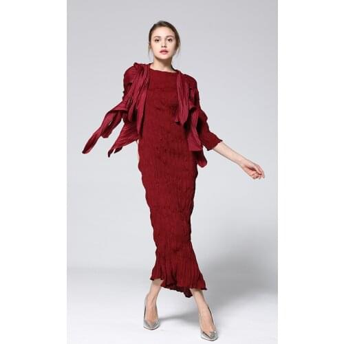 HOT SELLING Miyake Fashion fold pure color o-neck 7 minutes of sleeve anlke-length dress IN STOCK