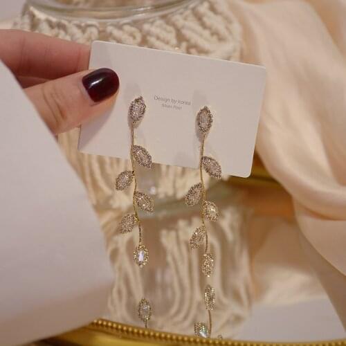 Cute Female White Crystal Leaf Earrings Real 925 Sterling Silver Gold Wedding Earrings For Women